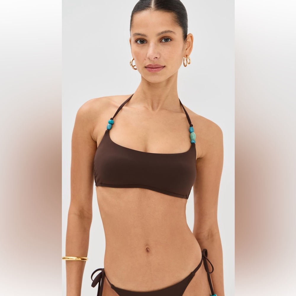 NWT STAUD Chocolate Laird Bikini Top with Turquoise Accents